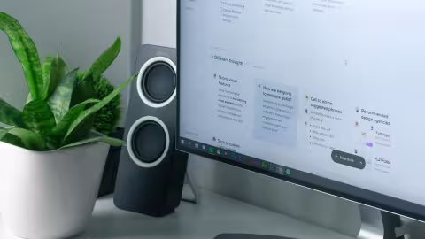 Desktop scene featuring a plant, speakers, and a partially visible computer screen.